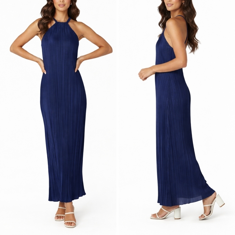Navy Blue Pleated Halter Maxi Dress